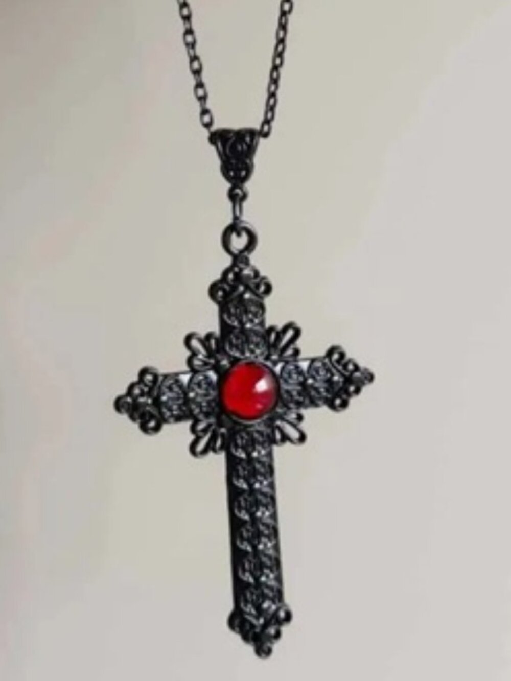 DESIGNER Medieval Goth Large Black Cross Red Cabochon Stone Chain Necklace**NEW! - Picture 2 of 6